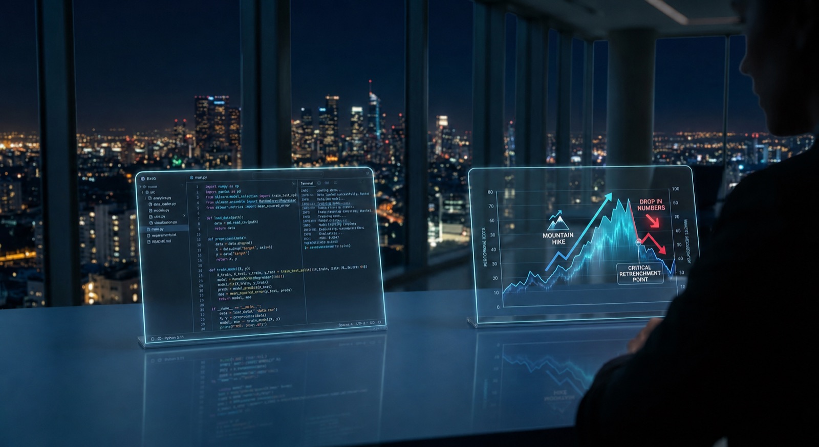 Analyst viewing holographic financial dashboards over a night skyline